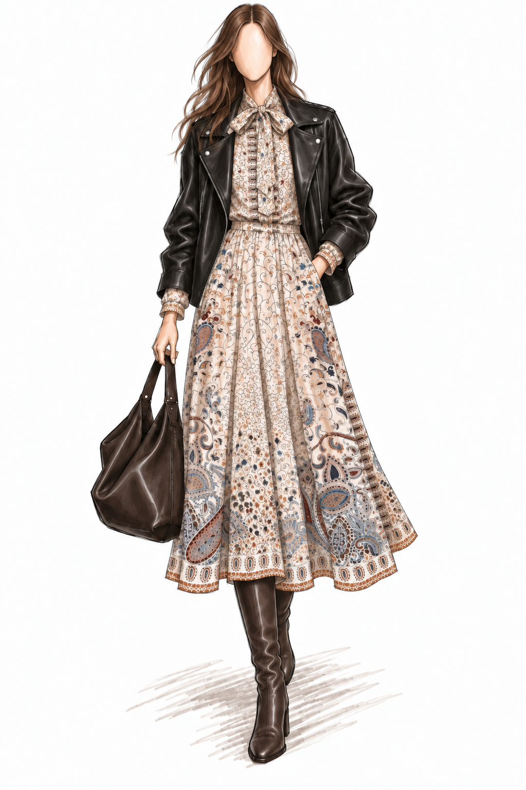 Robe vintage mi-longue écrue à motifs paisley bleu et marron – col lavallière, manches longues