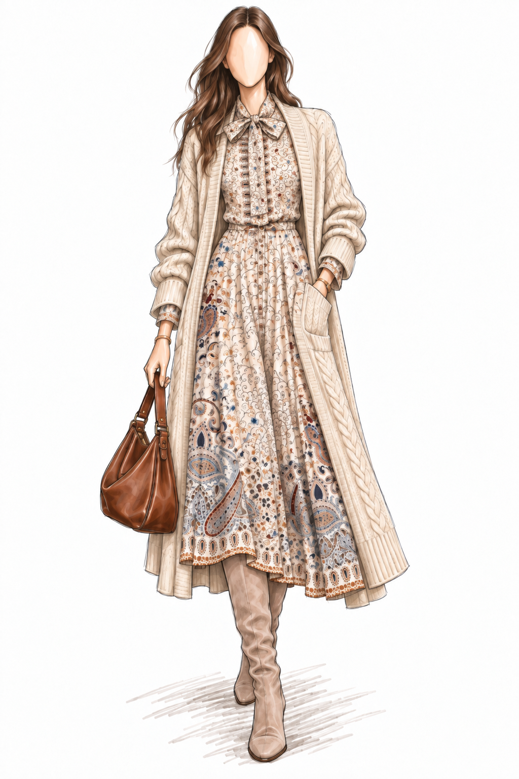 Robe vintage mi-longue écrue à motifs paisley bleu et marron – col lavallière, manches longues