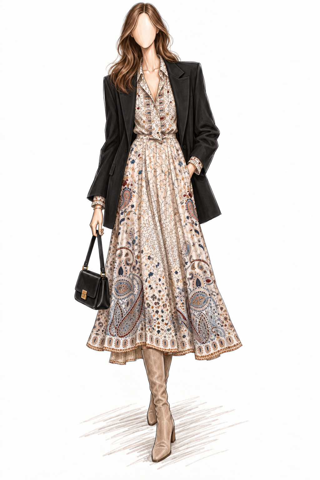 Robe vintage mi-longue écrue à motifs paisley bleu et marron – col lavallière, manches longues