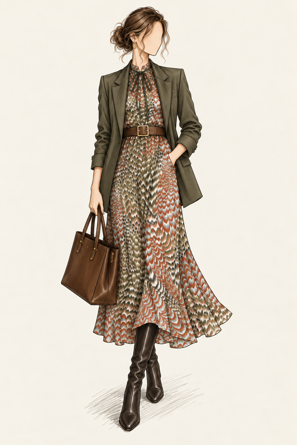 Robe vintage mi-longue kaki, beige, noir et rouille – col lavallière à nouer, manches longues
