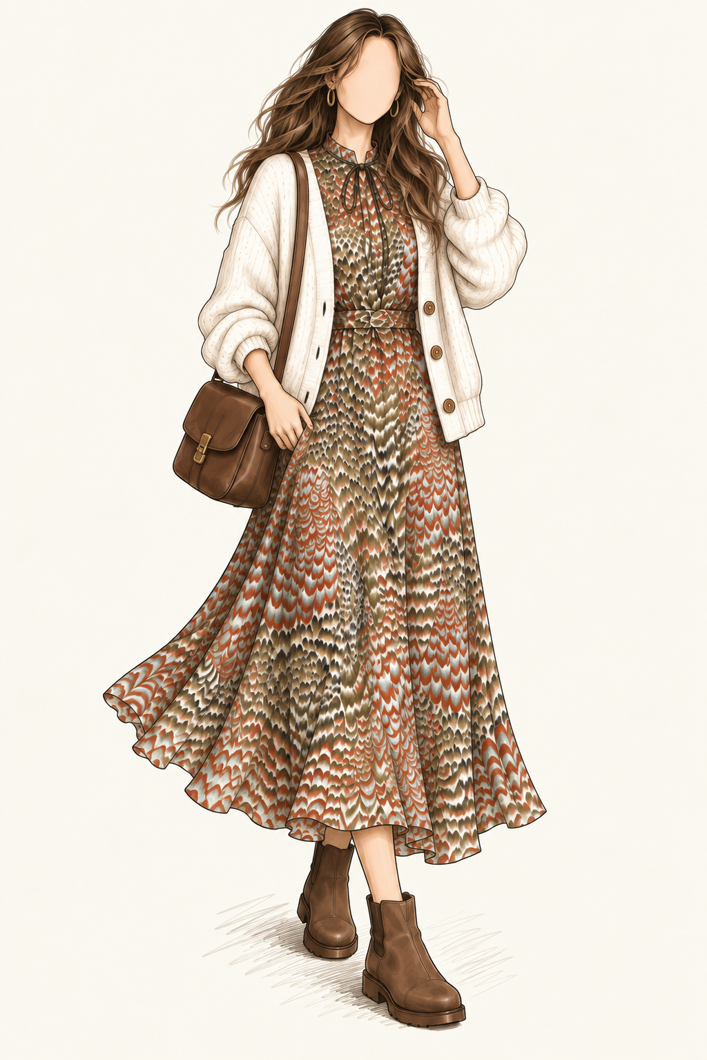 Robe vintage mi-longue kaki, beige, noir et rouille – col lavallière à nouer, manches longues