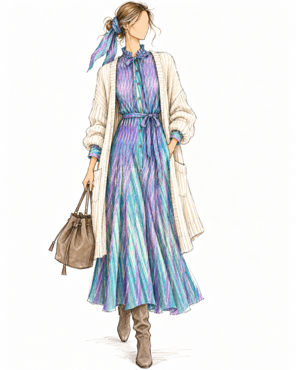 Robe vintage mi-longue lavande, bleu ciel et turquoise à rayures diagonales – col lavallière, ceinturée à la taille