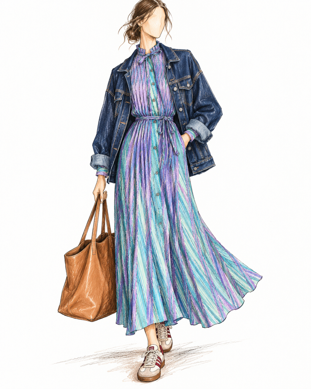 Robe vintage mi-longue lavande, bleu ciel et turquoise à rayures diagonales – col lavallière, ceinturée à la taille