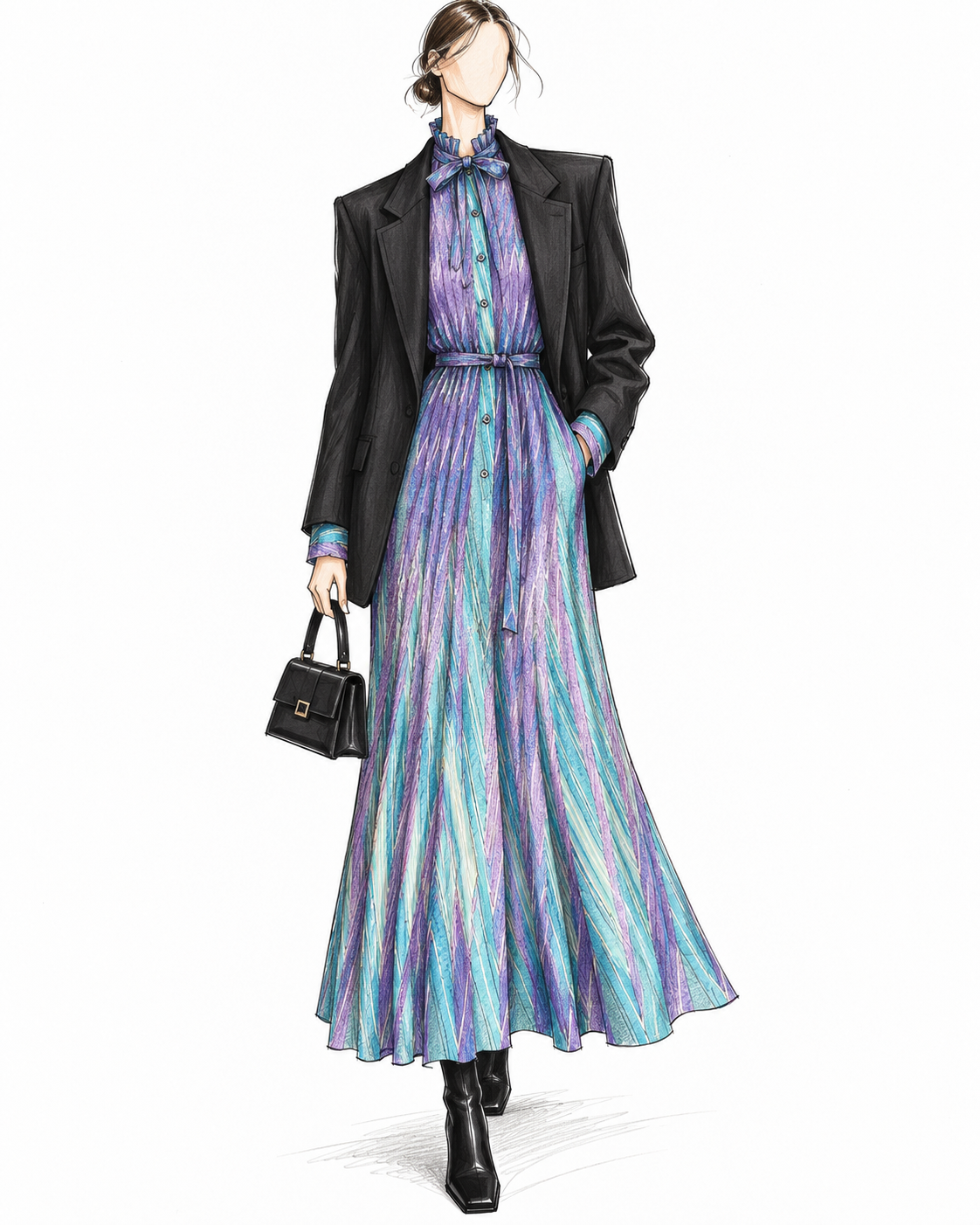 Robe vintage mi-longue lavande, bleu ciel et turquoise à rayures diagonales – col lavallière, ceinturée à la taille