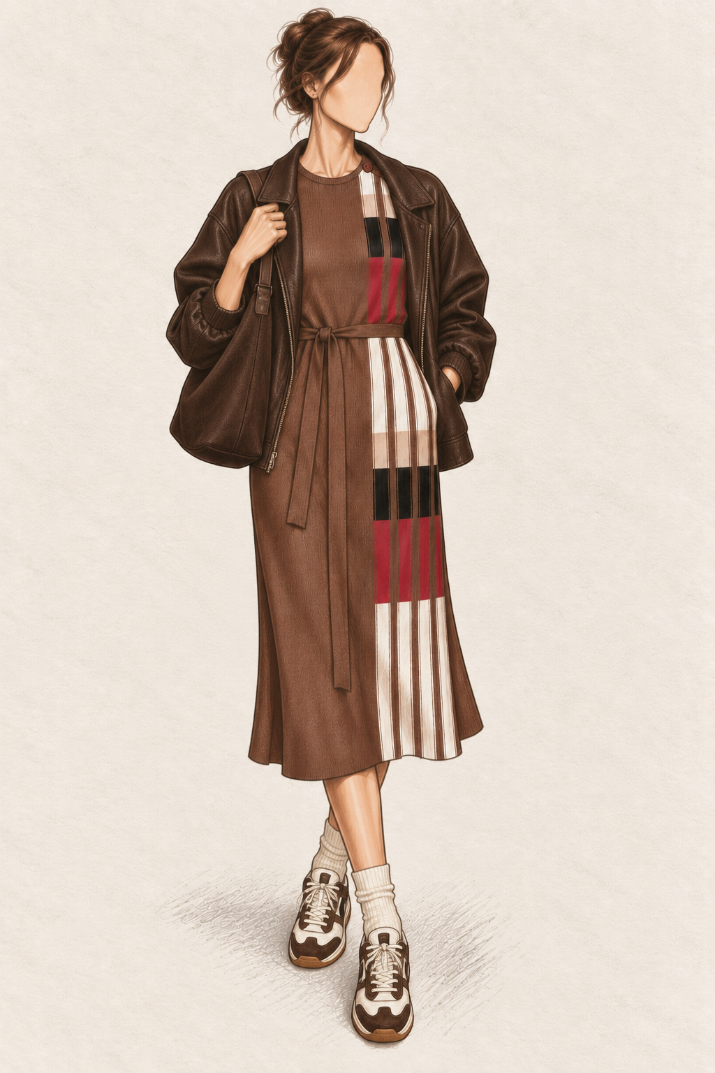 Robe vintage en maille mi-longue marron chocolat à bandes rouge, noir et écru – col rond, manches longues, ceinturée