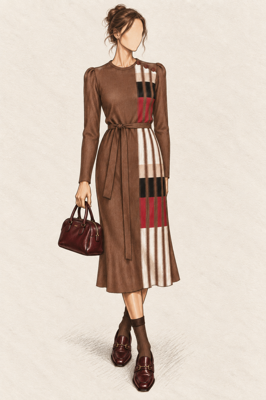 Robe vintage en maille mi-longue marron chocolat à bandes rouge, noir et écru – col rond, manches longues, ceinturée
