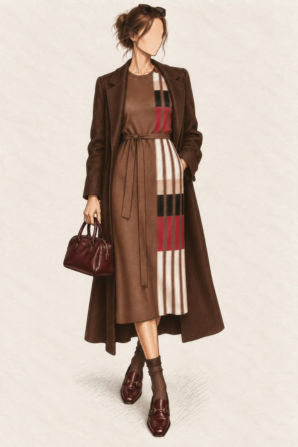 Robe vintage en maille mi-longue marron chocolat à bandes rouge, noir et écru – col rond, manches longues, ceinturée