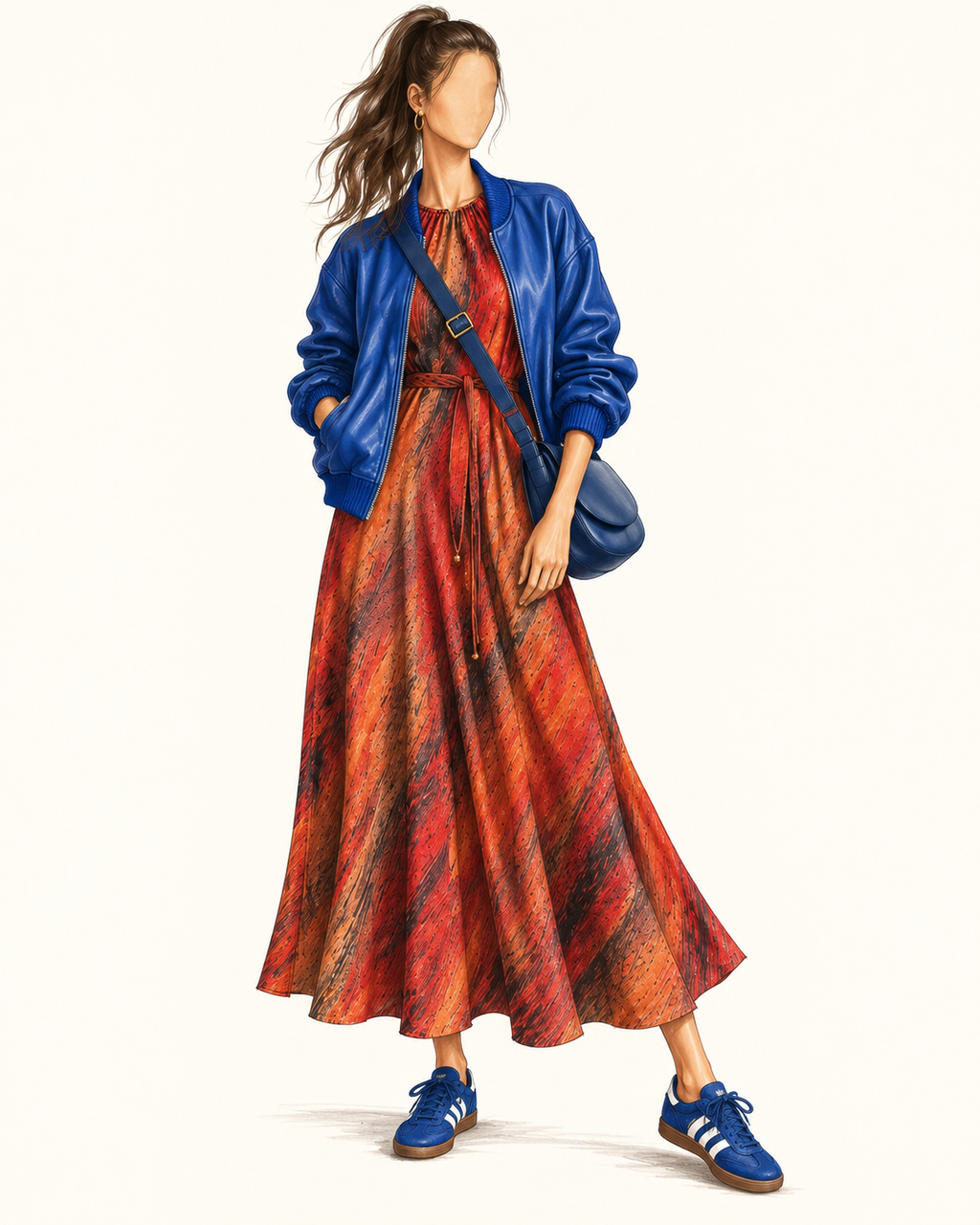 Robe vintage mi-longue terracotta, rouille et noir – col rond, taille ceinturée