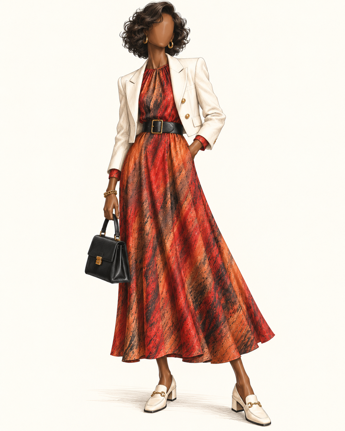 Robe vintage mi-longue terracotta, rouille et noir – col rond, taille ceinturée