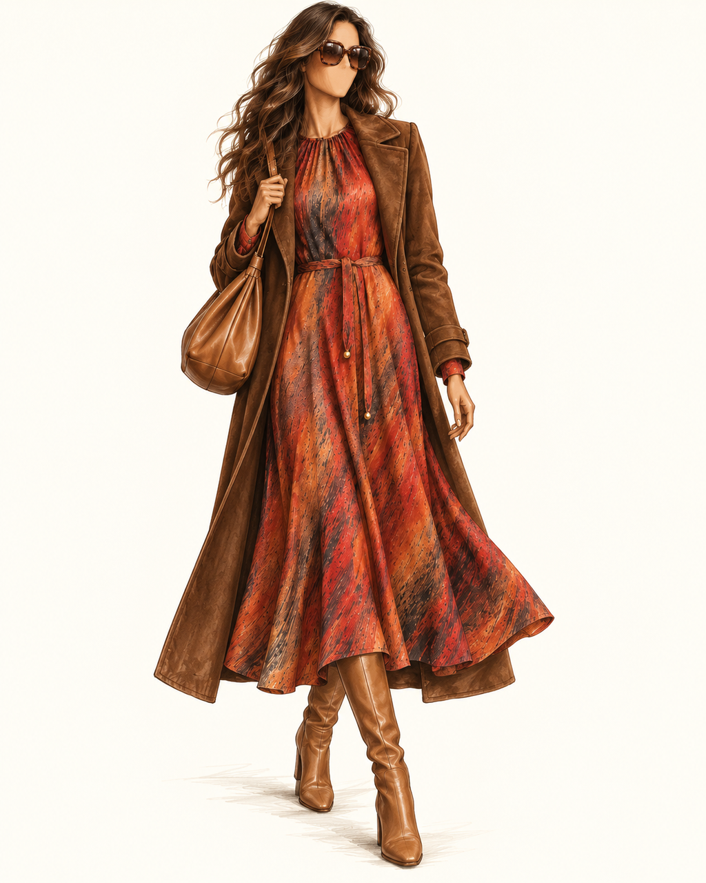 Robe vintage mi-longue terracotta, rouille et noir – col rond, taille ceinturée