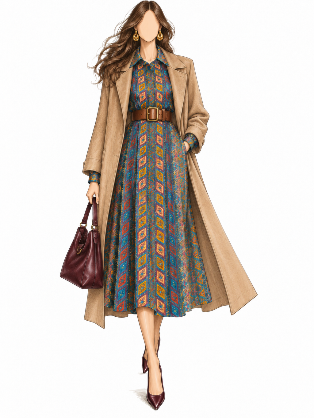 Robe vintage mi-longue vert canard, orange et bleu à motifs graphiques – col chemise, manches longues