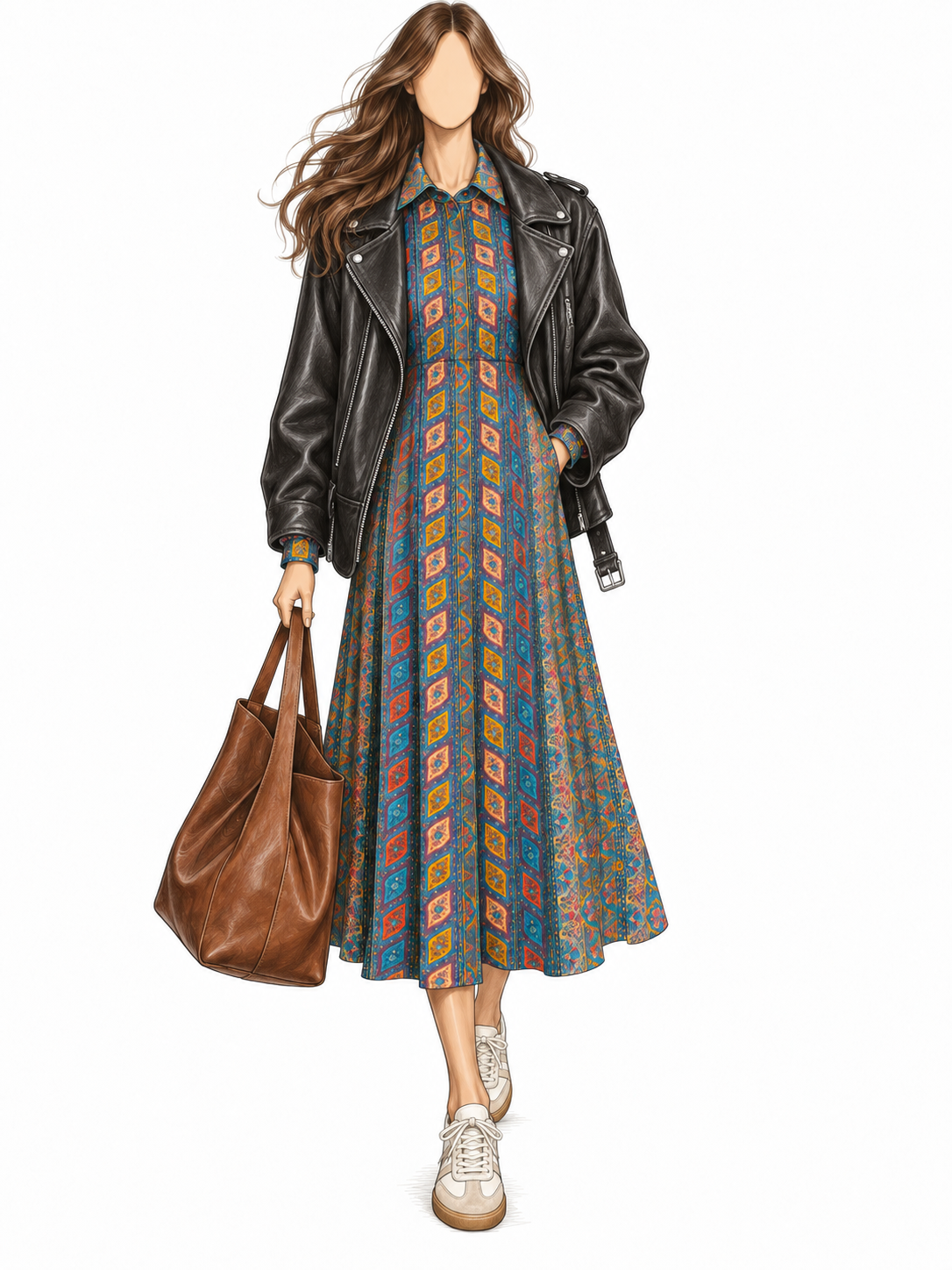 Robe vintage mi-longue vert canard, orange et bleu à motifs graphiques – col chemise, manches longues