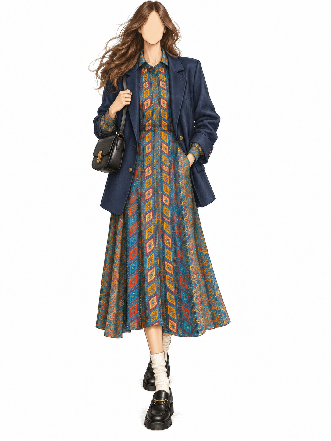 Robe vintage mi-longue vert canard, orange et bleu à motifs graphiques – col chemise, manches longues