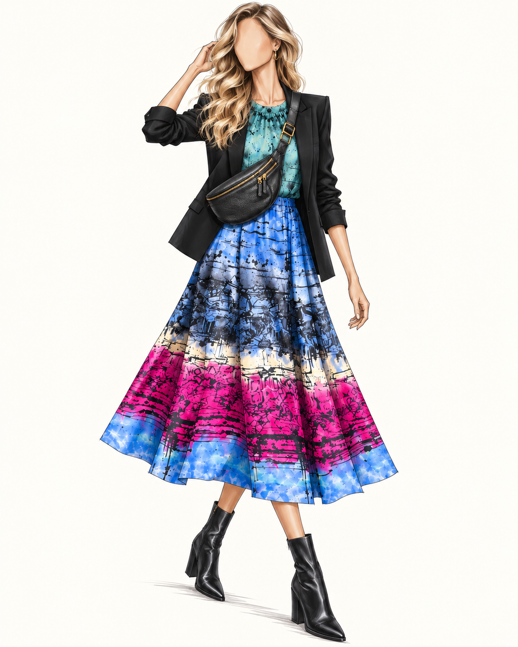 Robe vintage mi-longue midi vert d’eau, bleu et fuchsia à motifs graphiques – col bateau