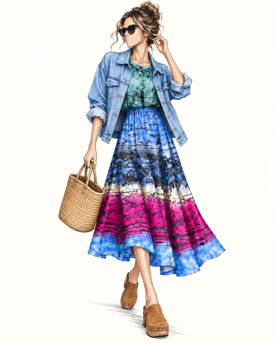 Robe vintage mi-longue midi vert d’eau, bleu et fuchsia à motifs graphiques – col bateau