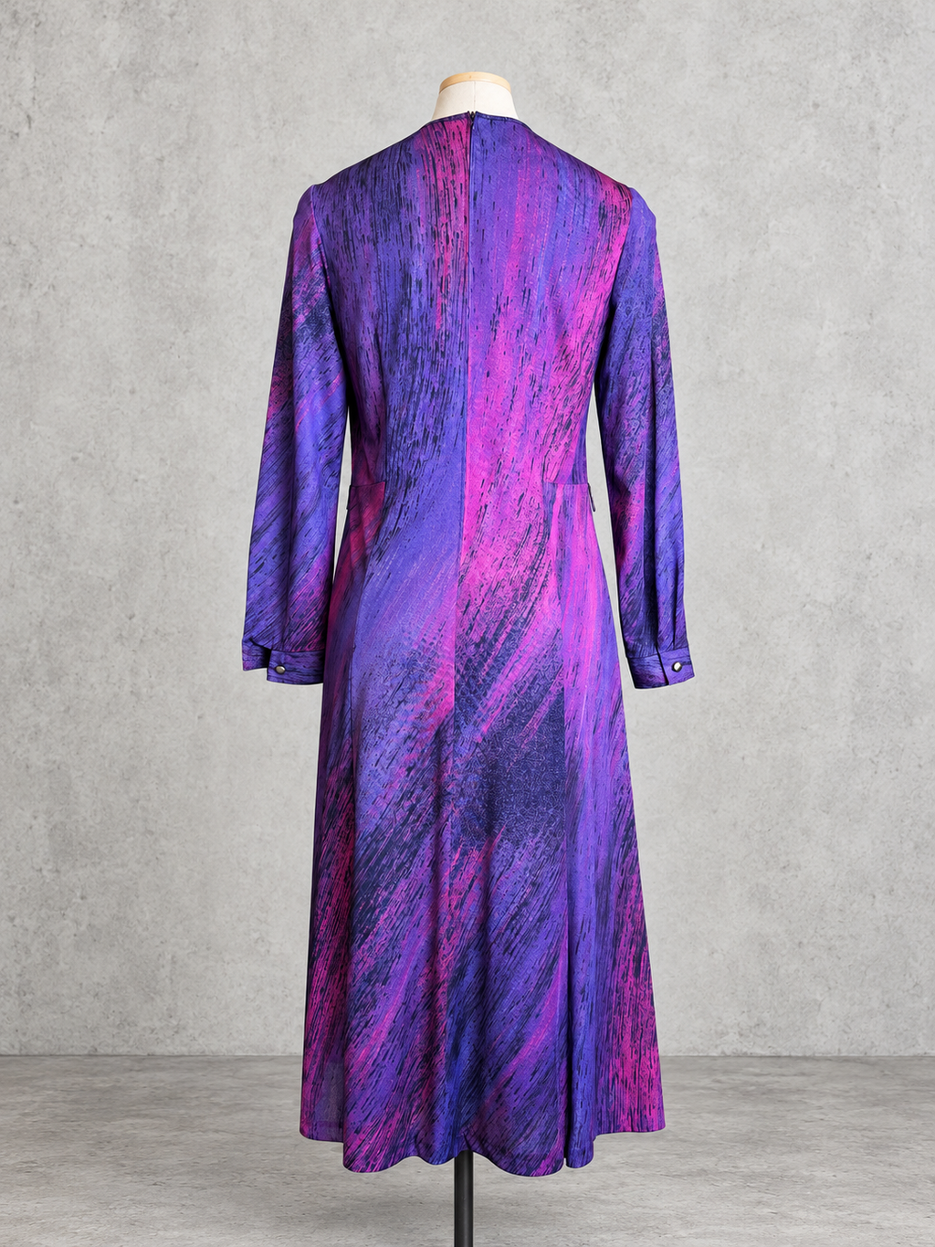 Robe longue vintage violet & fuchsia – imprimé abstrait, manches longues, esprit 80s/90s