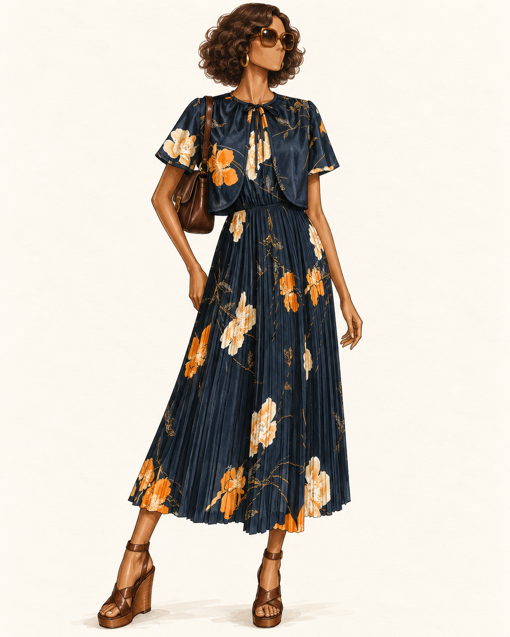 Robe vintage mi-longue avec bolero noire à motifs floraux orange et écru – col rond, jupe plissée