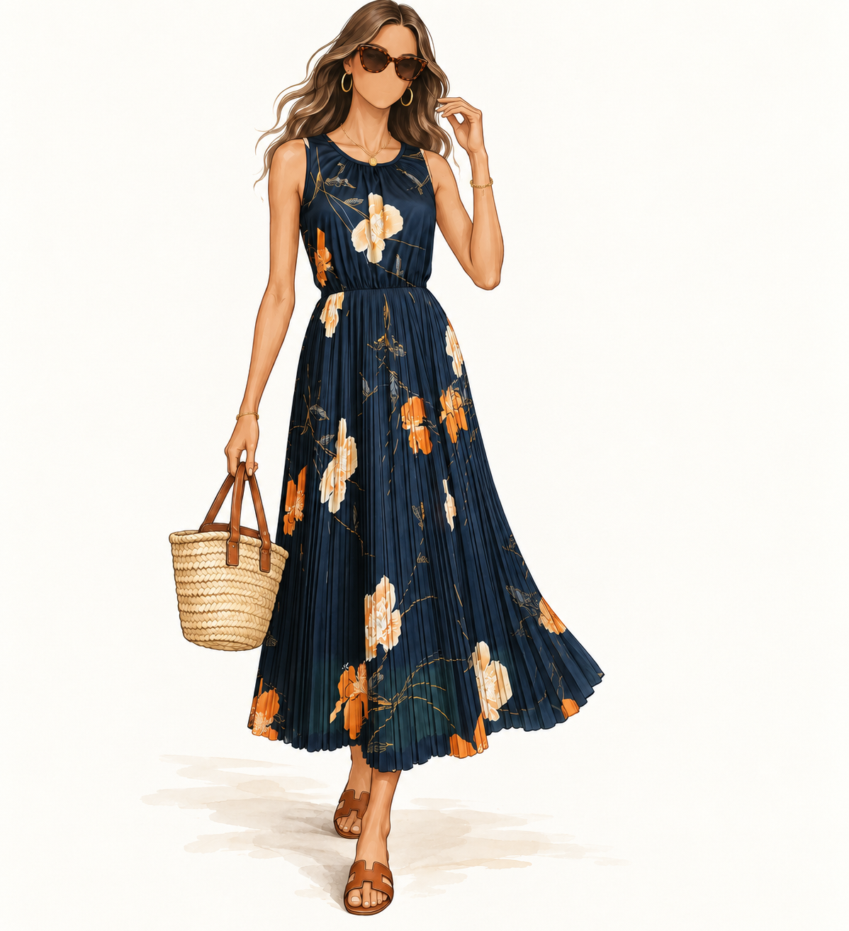 Robe vintage mi-longue avec bolero noire à motifs floraux orange et écru – col rond, jupe plissée