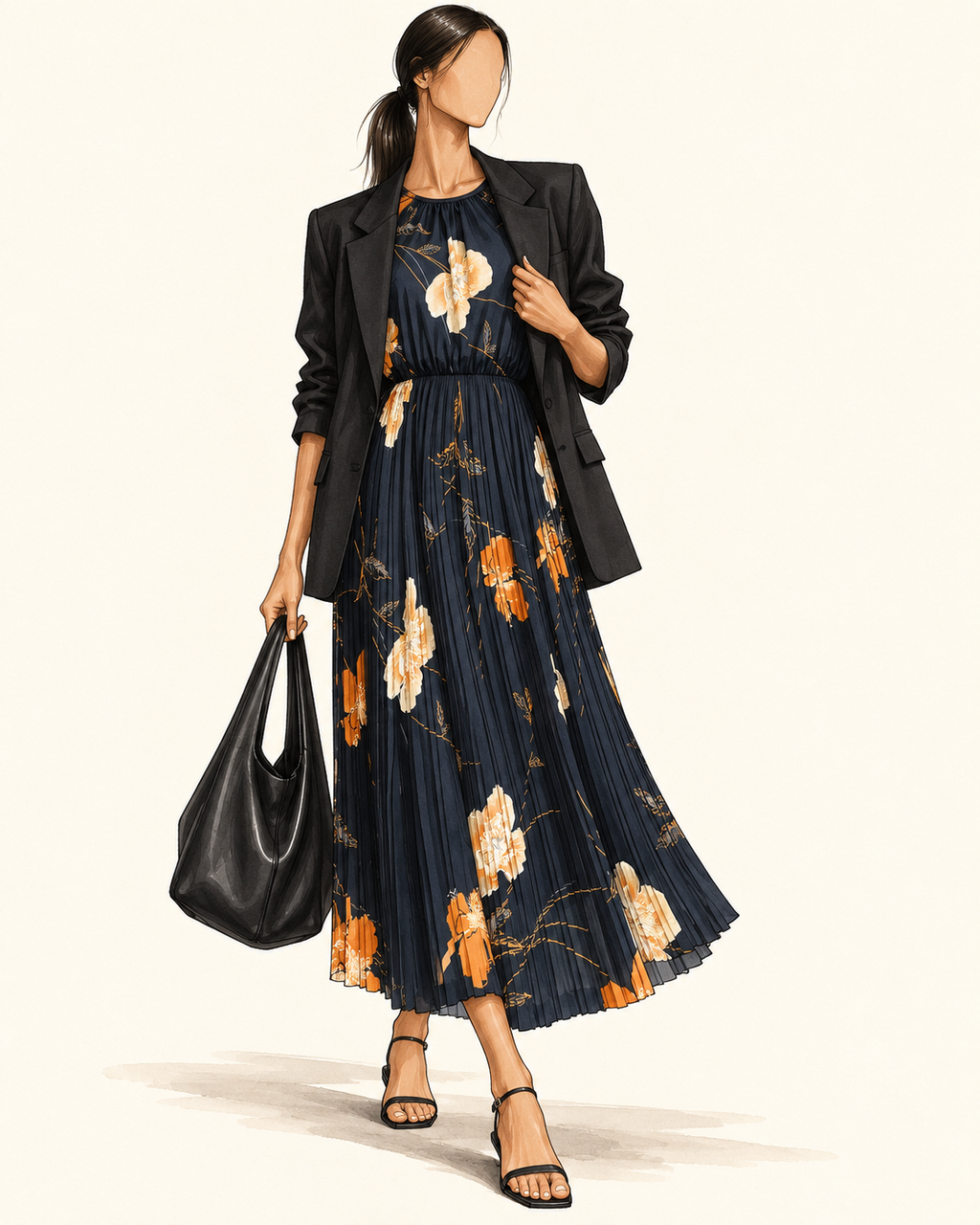 Robe vintage mi-longue avec bolero noire à motifs floraux orange et écru – col rond, jupe plissée