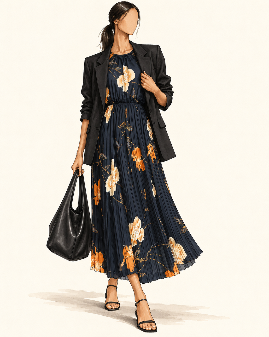 Robe vintage mi-longue avec bolero noire à motifs floraux orange et écru – col rond, jupe plissée