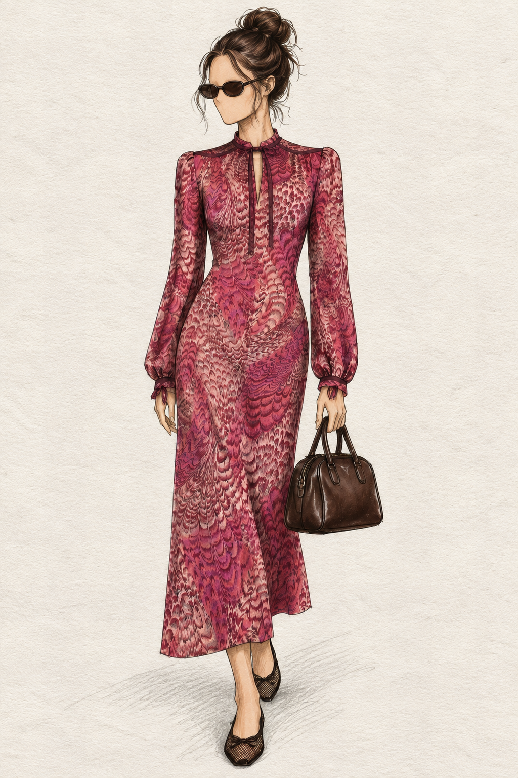 Robe vintage mi-longue fuchsia, prune et rose poudré – col montant fendu, manches longues