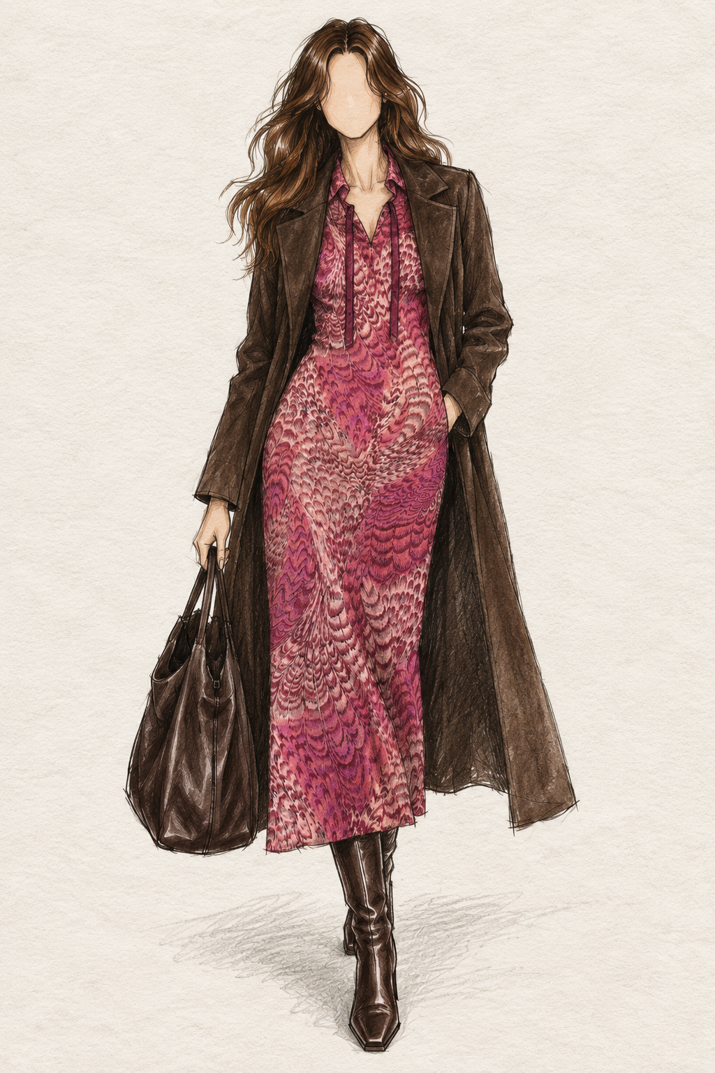 Robe vintage mi-longue fuchsia, prune et rose poudré – col montant fendu, manches longues