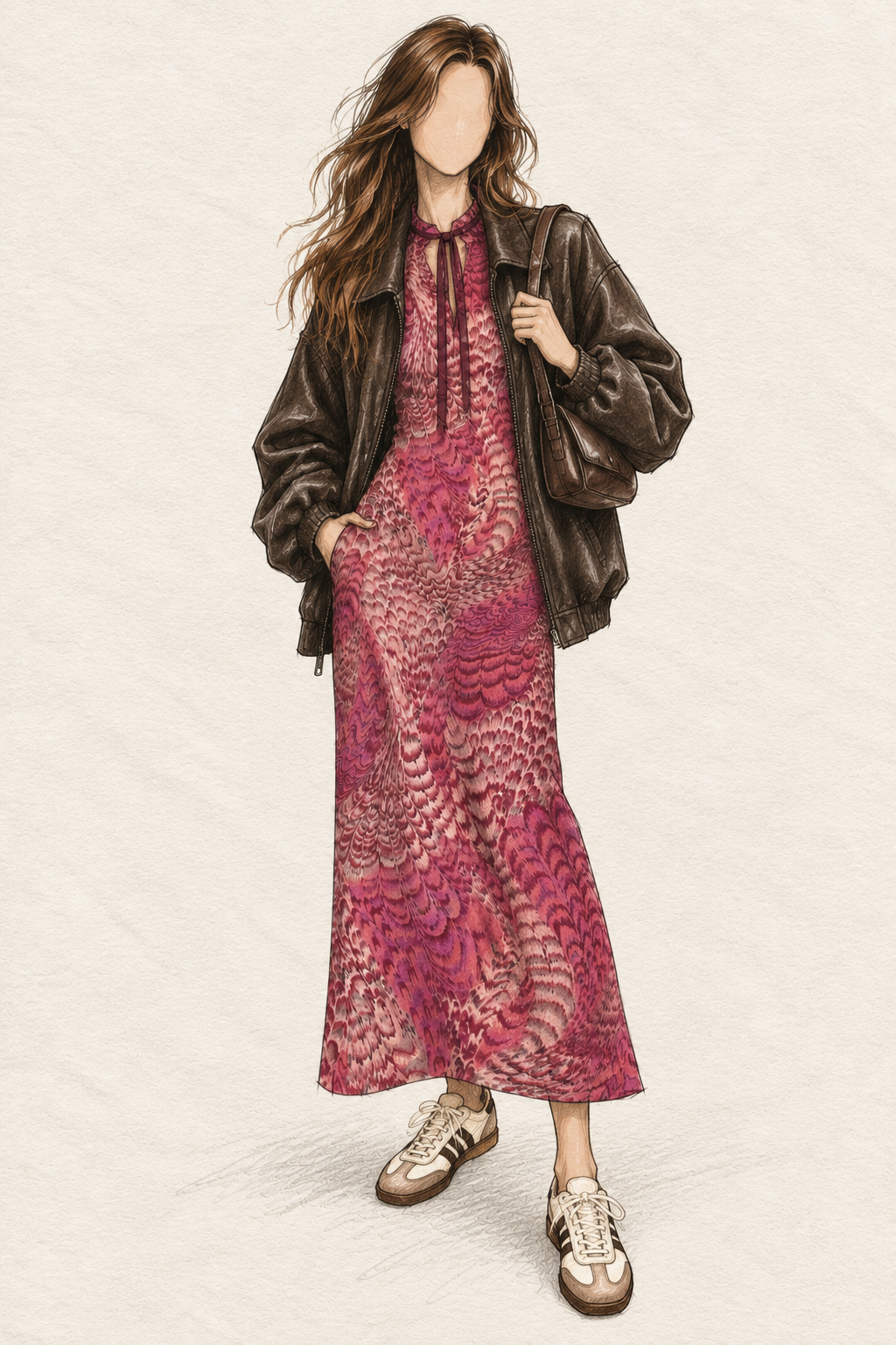 Robe vintage mi-longue fuchsia, prune et rose poudré – col montant fendu, manches longues