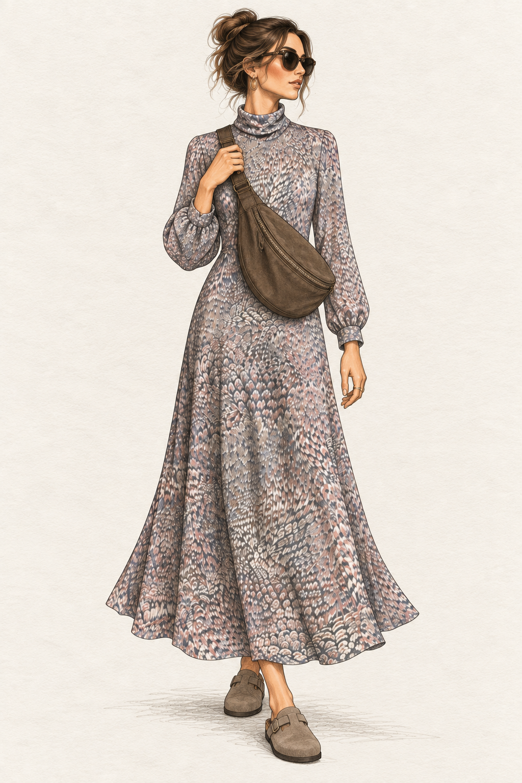 Robe vintage mi-longue gris perle, taupe et rose poudré – col roulé souple, manches longues