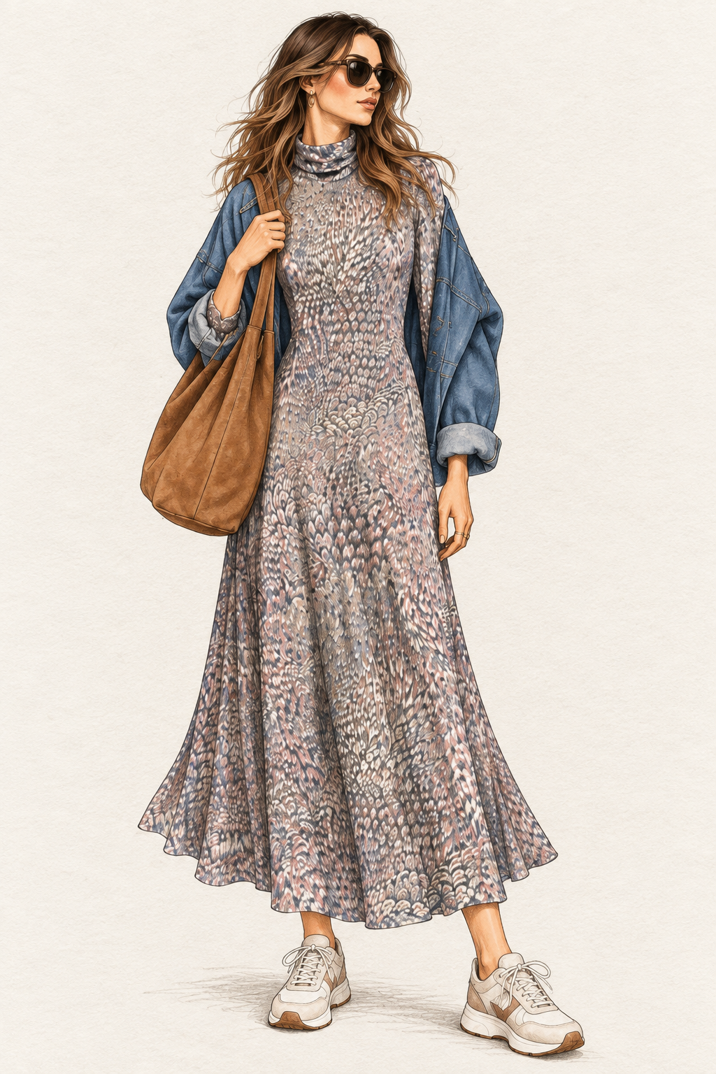 Robe vintage mi-longue gris perle, taupe et rose poudré – col roulé souple, manches longues