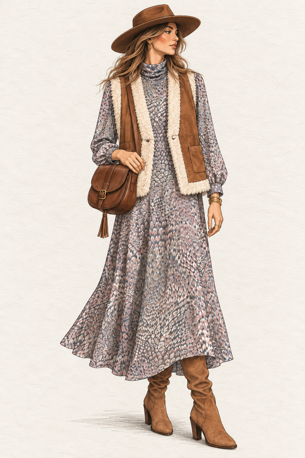 Robe vintage mi-longue gris perle, taupe et rose poudré – col roulé souple, manches longues
