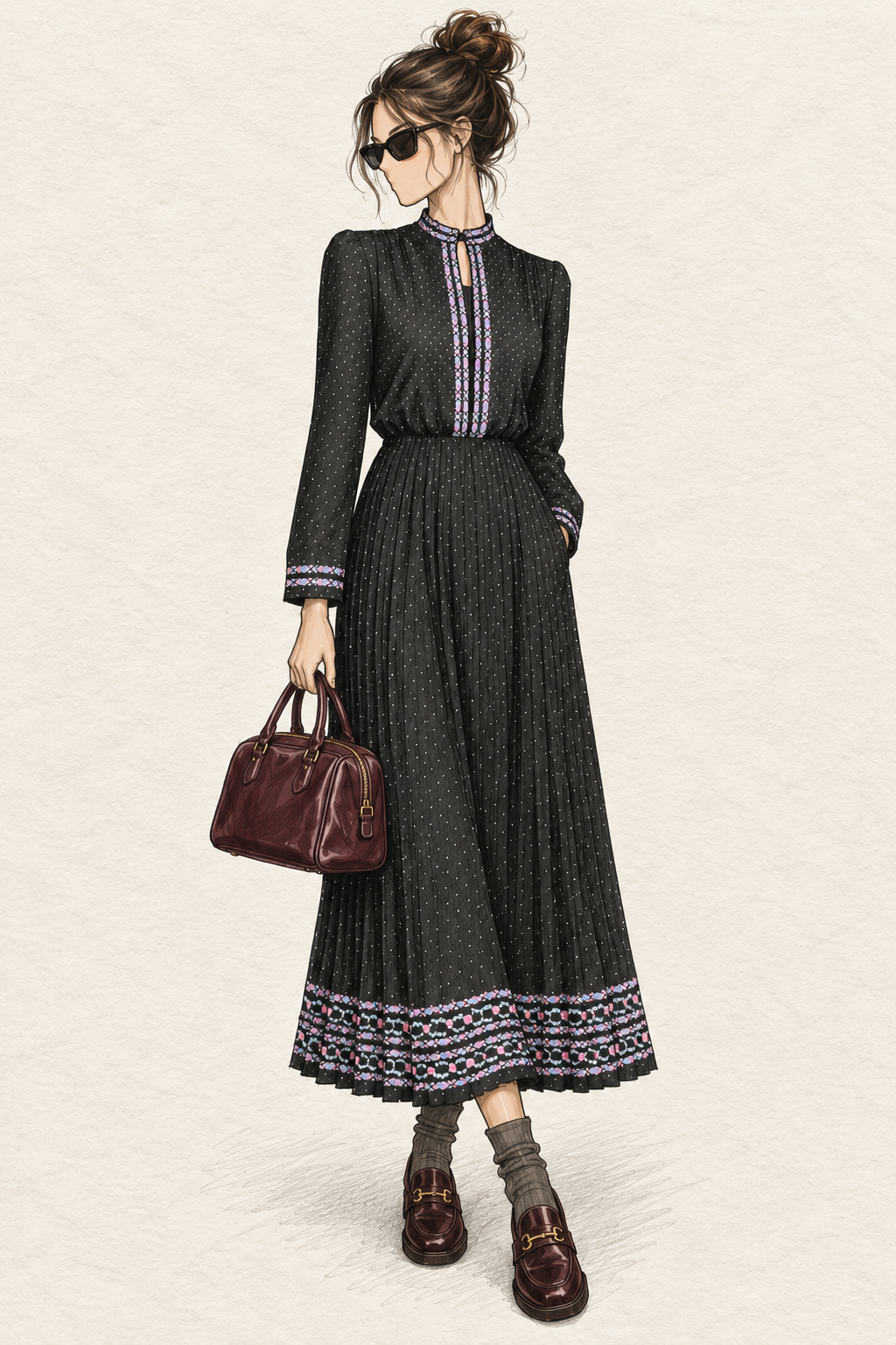 Robe vintage mi-longue marine à petits pois – col officier fendu, détails floraux bleu et rose, jupe plissée