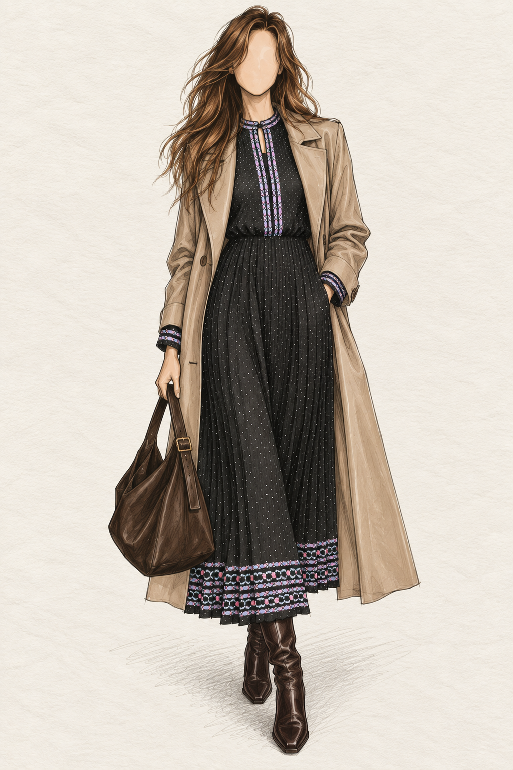 Robe vintage mi-longue marine à petits pois – col officier fendu, détails floraux bleu et rose, jupe plissée