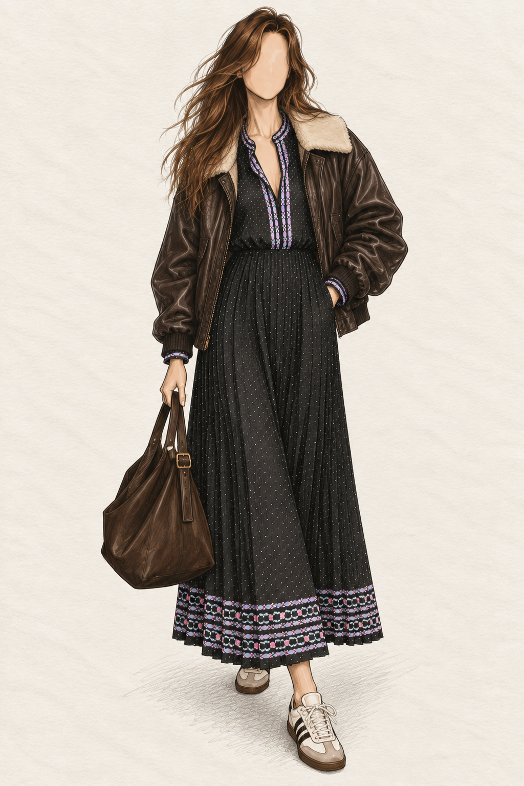 Robe vintage mi-longue marine à petits pois – col officier fendu, détails floraux bleu et rose, jupe plissée