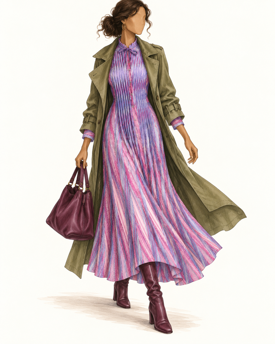 Robe vintage mi-longue rose, mauve et bleu à rayures graphiques – col lavallière volanté, manches longues