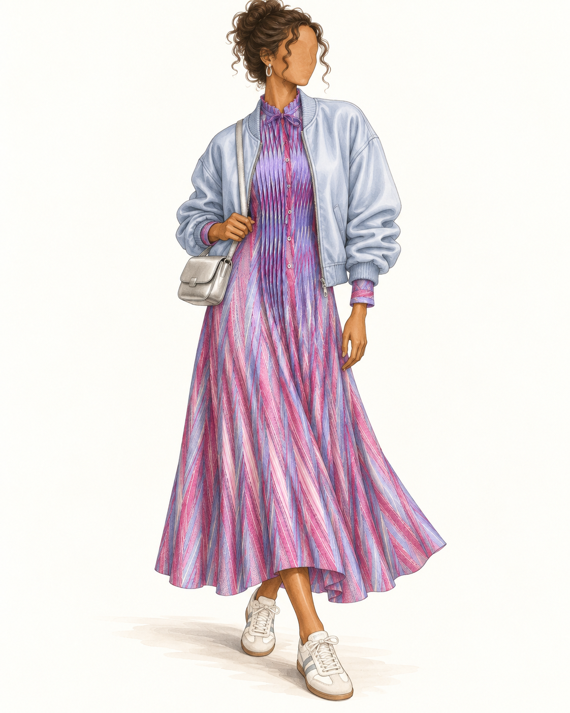 Robe vintage mi-longue rose, mauve et bleu à rayures graphiques – col lavallière volanté, manches longues