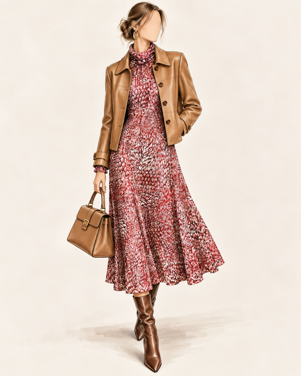 Robe vintage mi-longue rouge, brun et écru à motif abstrait – col roulé drapé, manches longues