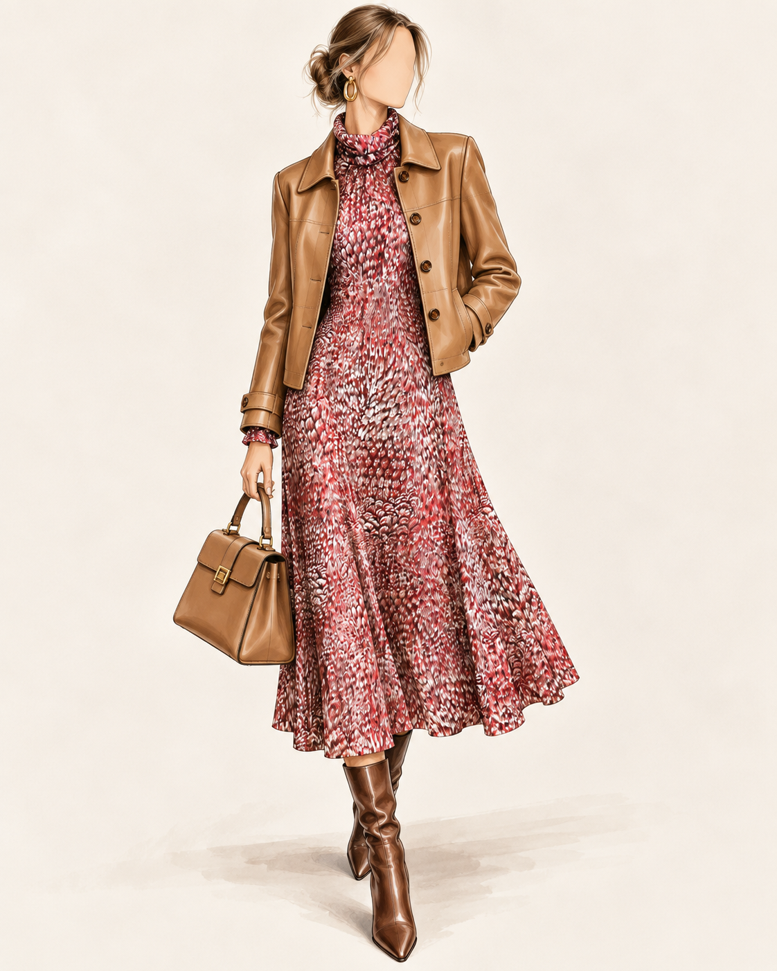 Robe vintage mi-longue rouge, brun et écru à motif abstrait – col roulé drapé, manches longues