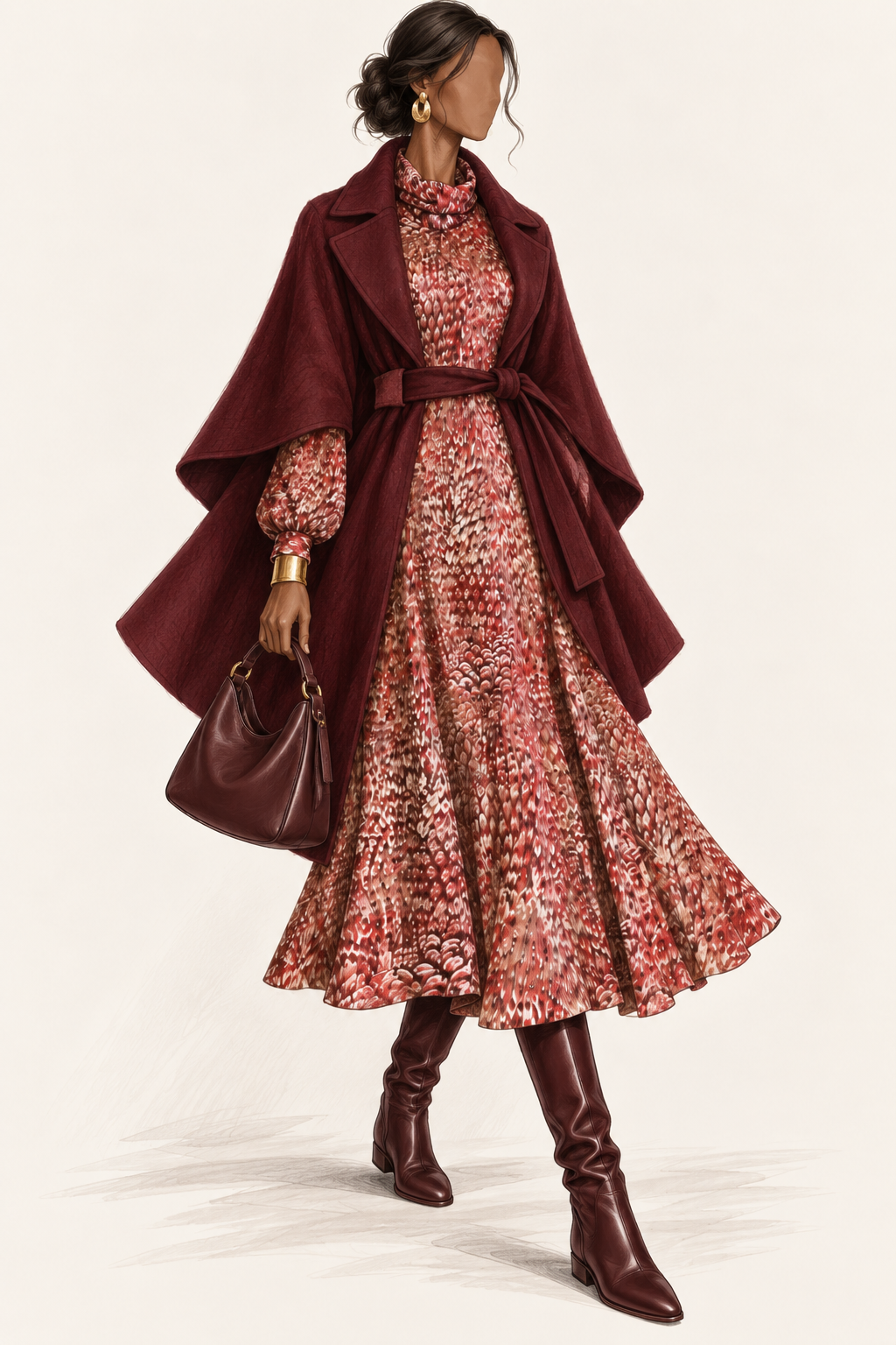 Robe vintage mi-longue rouge, brun et écru à motif abstrait – col roulé drapé, manches longues