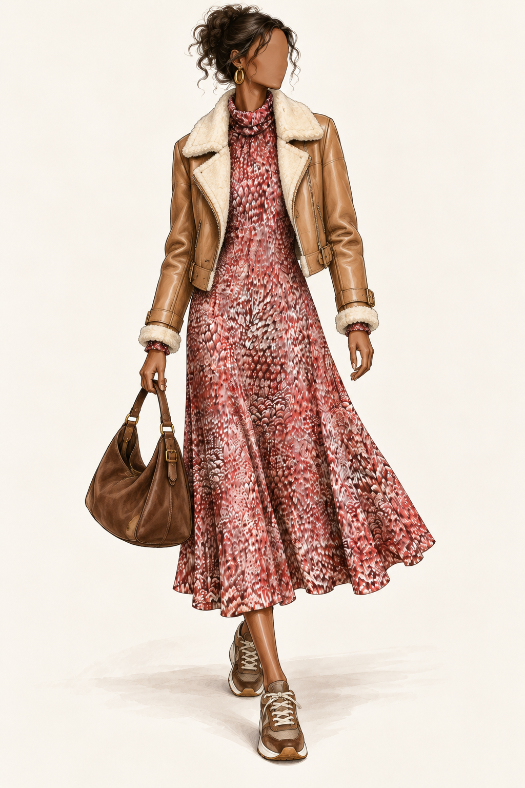 Robe vintage mi-longue rouge, brun et écru à motif abstrait – col roulé drapé, manches longues