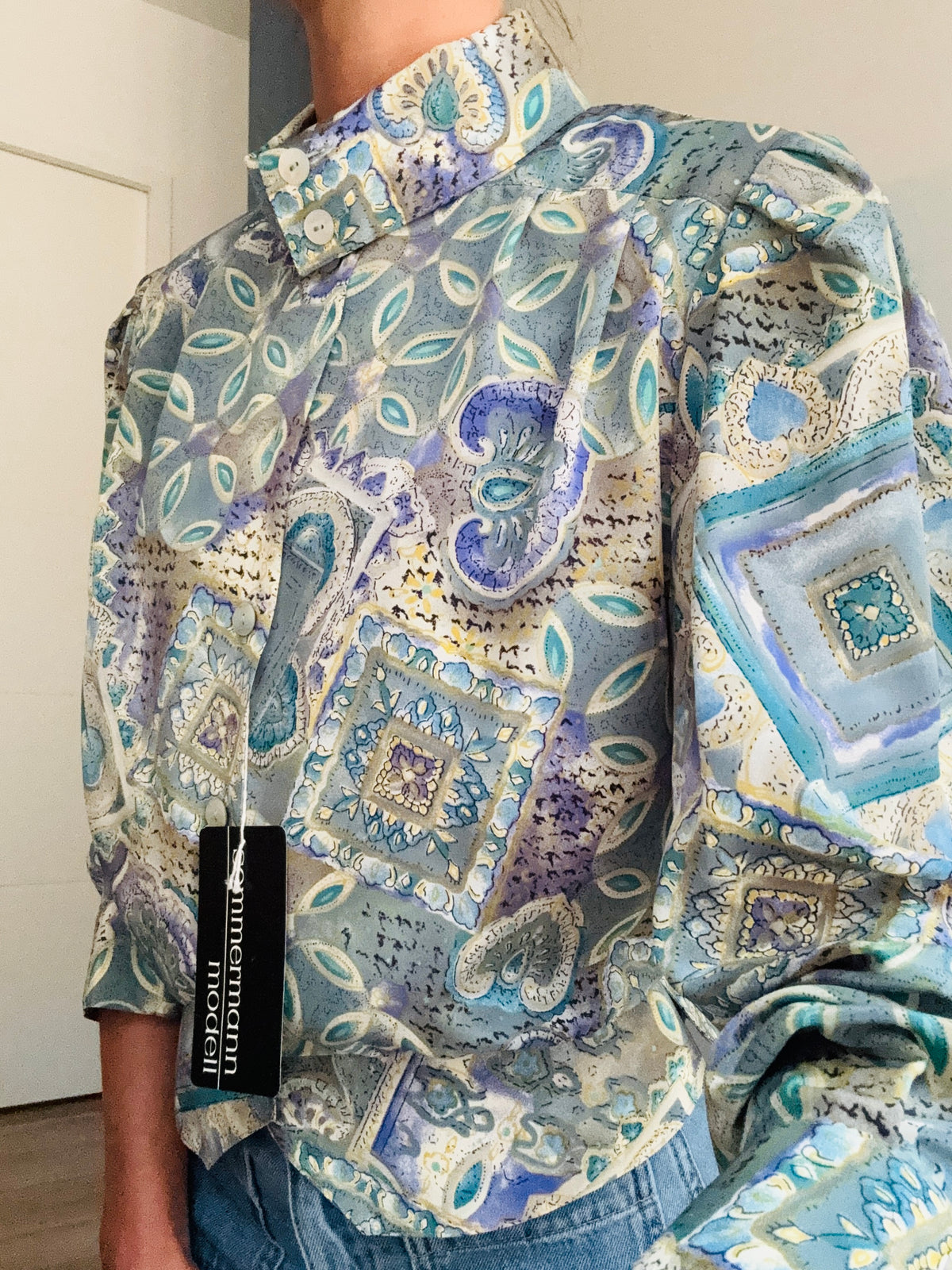 Chemisier vintage cachemire arabesque baroque lilas turquoise arty romantique