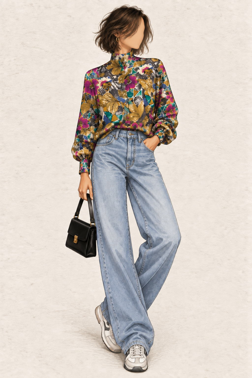 Chemise vintage col mao finition froncée élastiquée à la taille fleurs tropicales arty