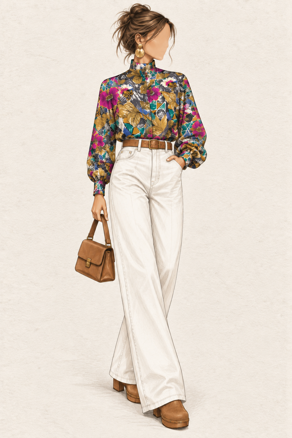 Chemise vintage col mao finition froncée élastiquée à la taille fleurs tropicales arty