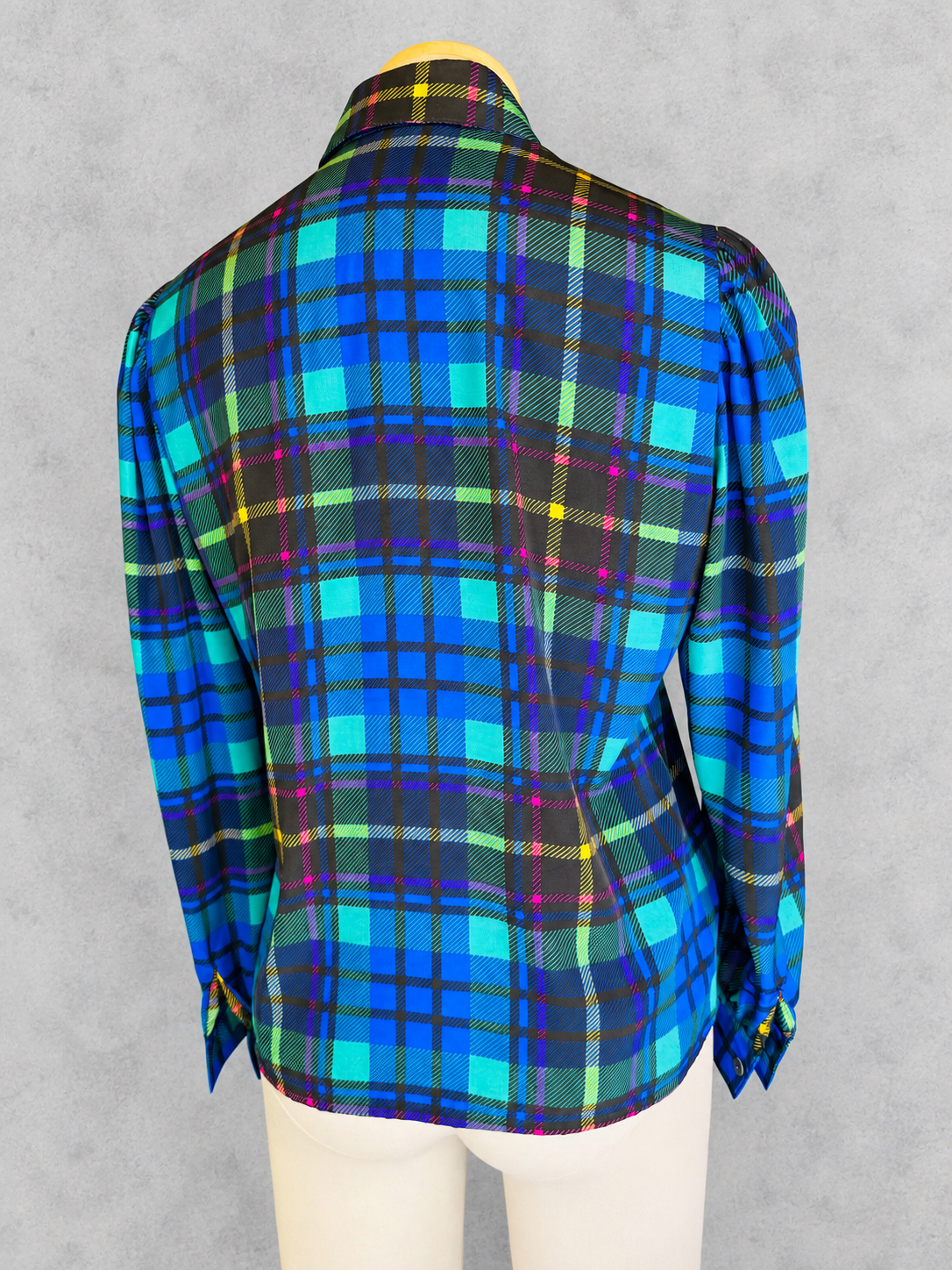 Chemisier vintage imprimé écossais tartan bleu vert
