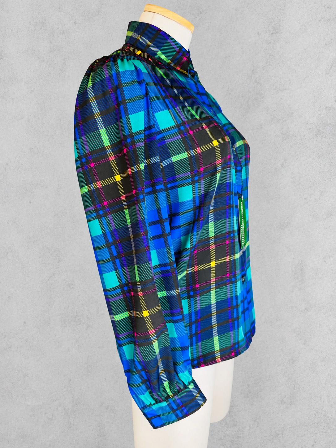 Chemisier vintage imprimé écossais tartan bleu vert