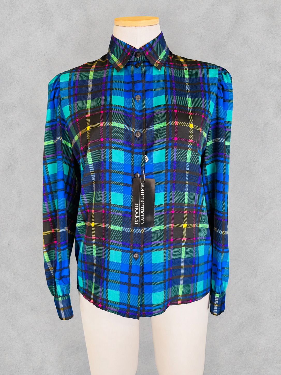Chemisier vintage imprimé écossais tartan bleu vert