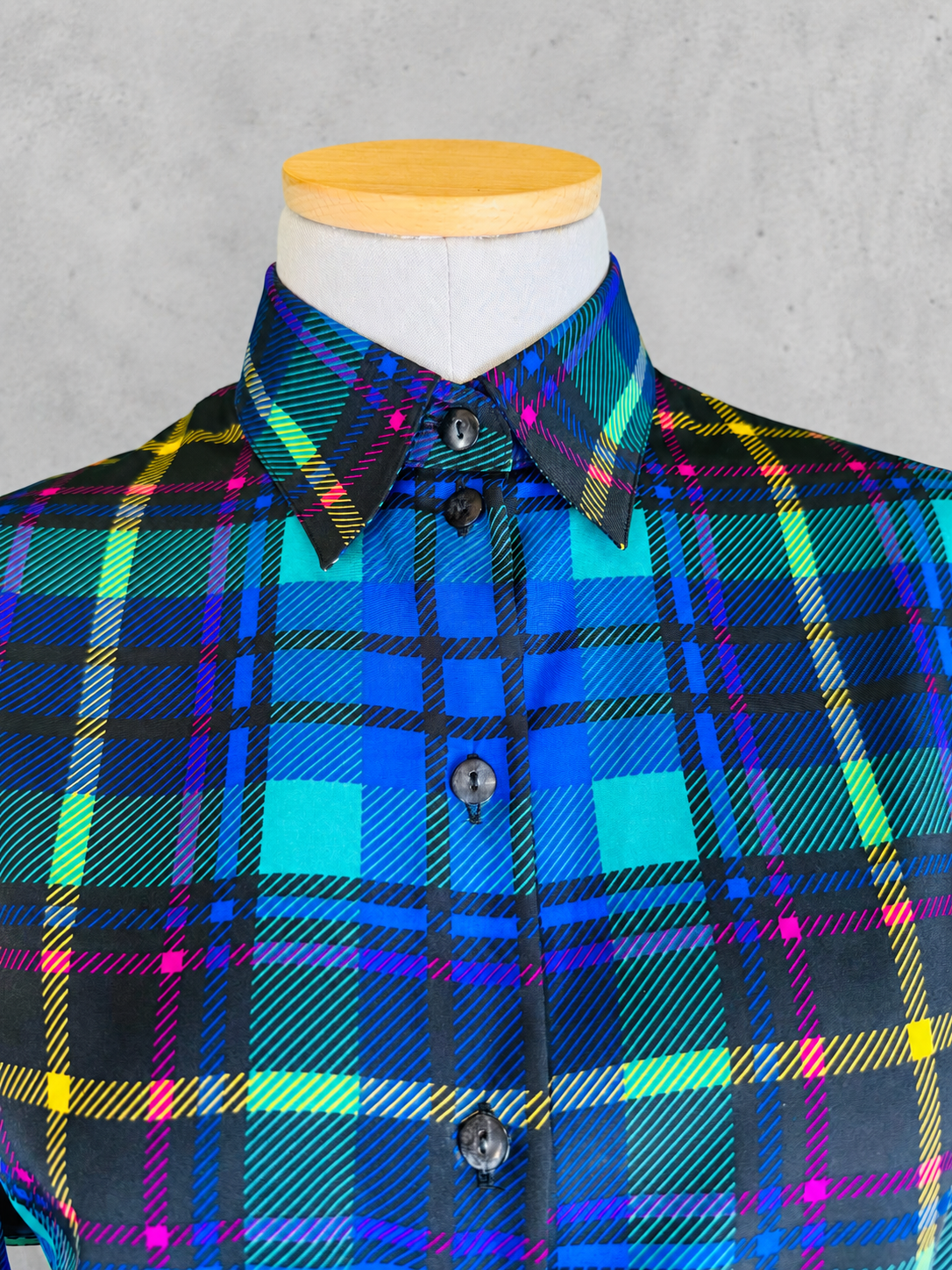 Chemisier vintage imprimé écossais tartan bleu vert