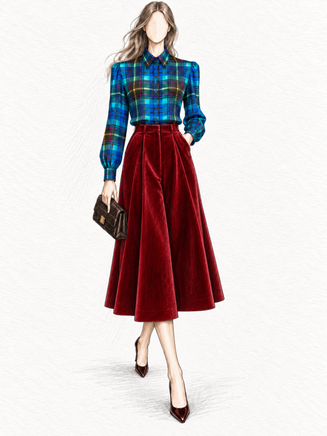 Chemisier vintage imprimé écossais tartan bleu vert